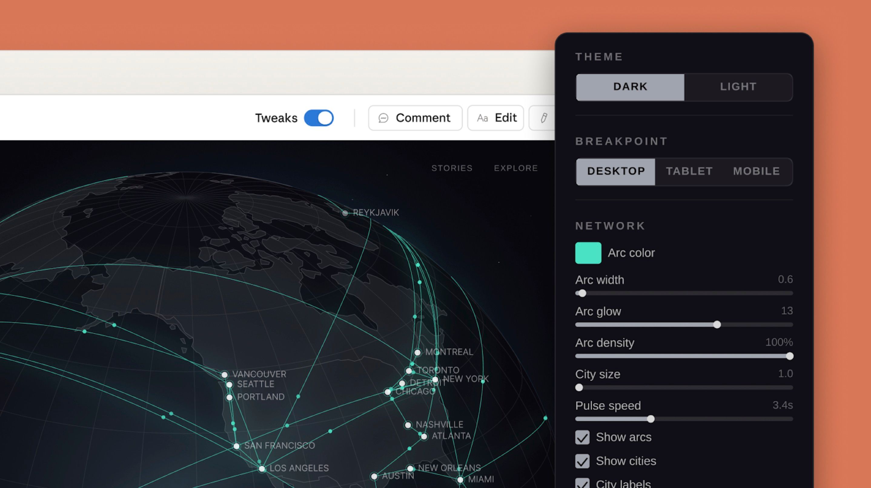 Claude Design interface — interactive 3D network map example with Tweaks panel and responsive breakpoint controls