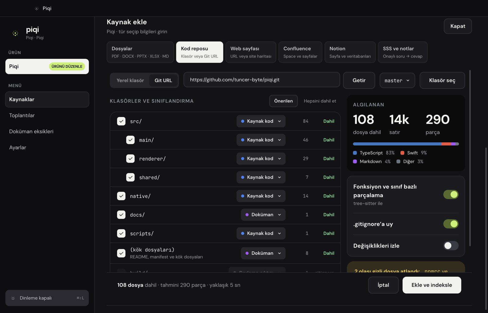 Adding a code repository: detected folders, their categories, language breakdown, and estimated chunks