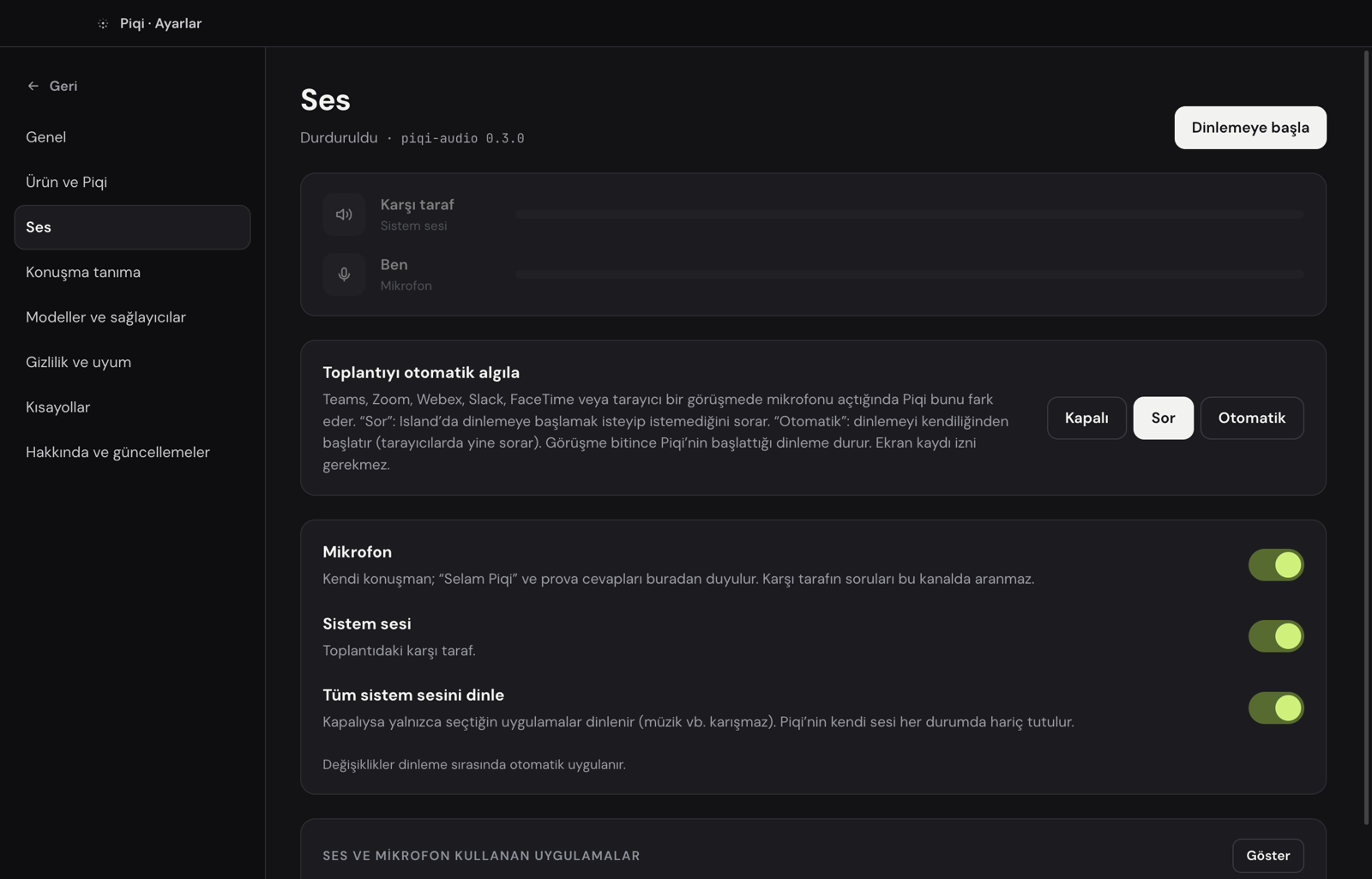 Audio settings: automatic meeting detection mode